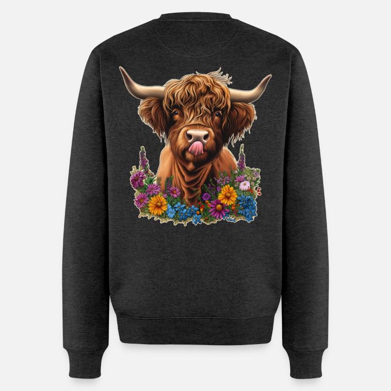 Hochlandrind mit Blumen - Männer Premium Bio Pullover - Anthrazit meliert