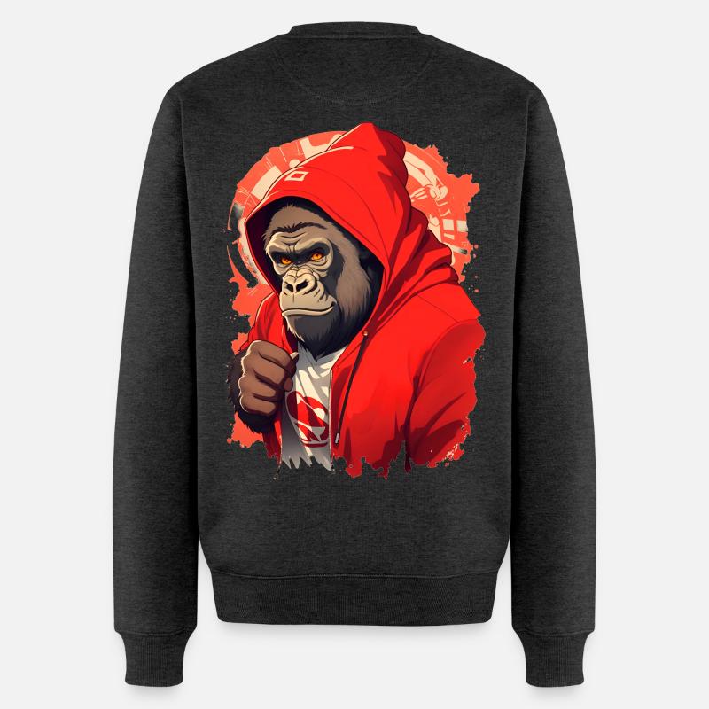Gorilla mit rotem Hoody - Männer Premium Bio Pullover - Anthrazit meliert