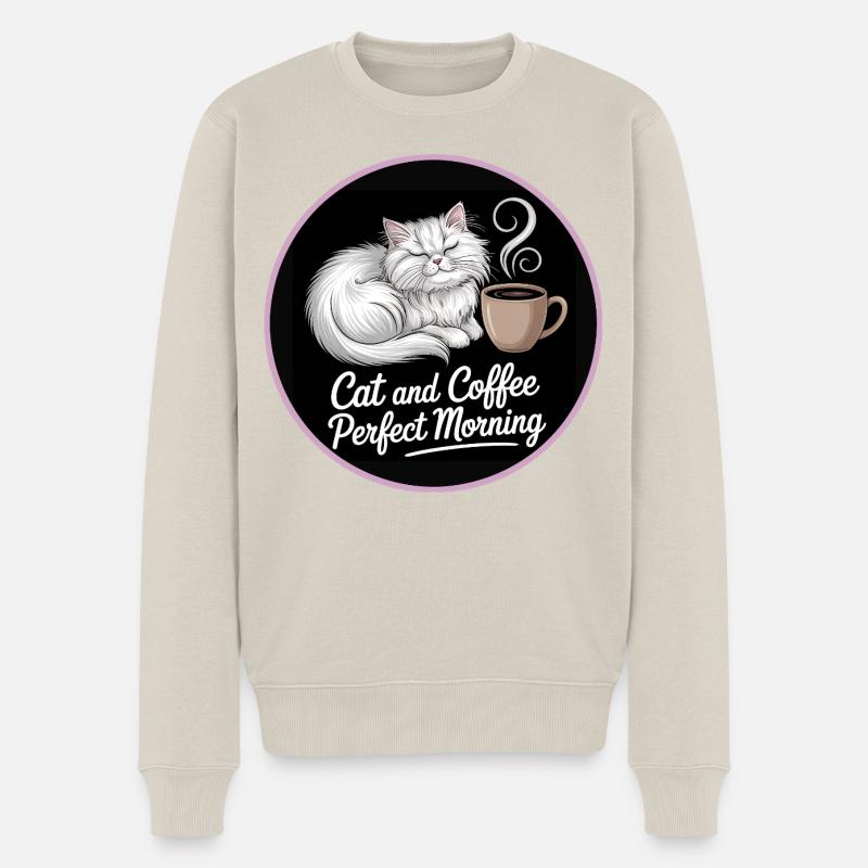 Katze und Kaffee Perfekter Morgen - Männer Premium Bio Pullover - Beige