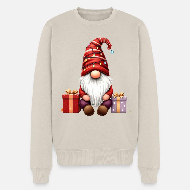 Weihnachtswichtel Mit Lichterkette Und Päckchen - Männer Premium Bio Pullover - Beige