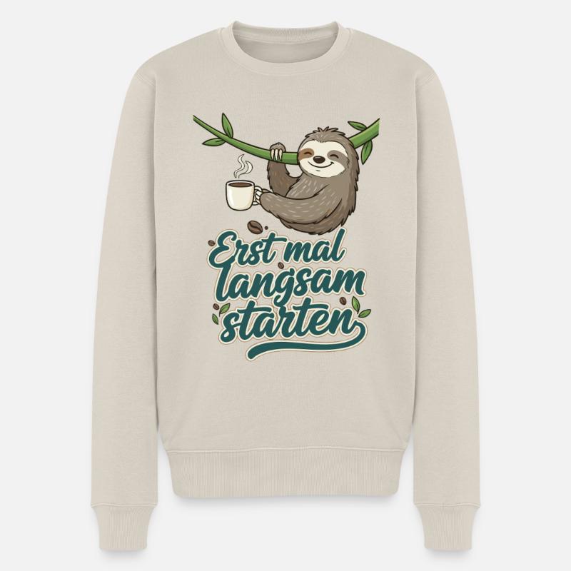 Erst mal langsam starten Faultier Motiv - Männer Premium Bio Pullover - Beige