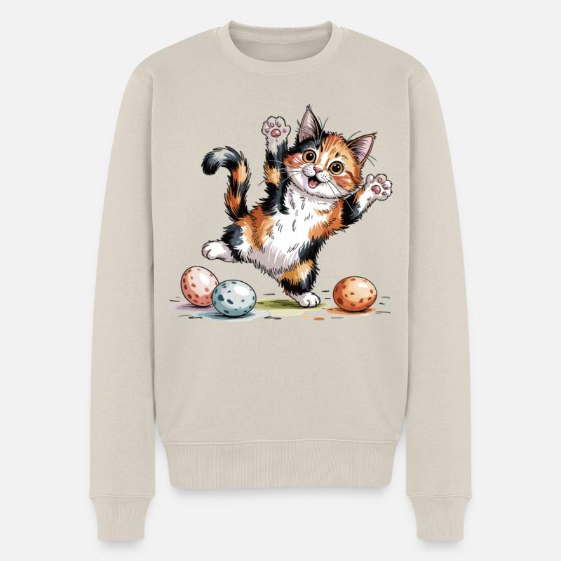 Ostern T-Shirt – Katze mit Ei - Männer Premium Bio Pullover - Beige