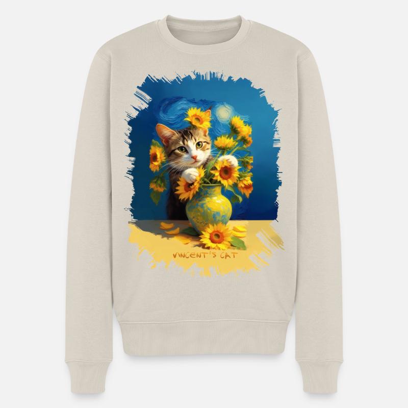🌻😻 Vincents Katze unter Sonnenblumen – Malerei - Männer Premium Bio Pullover - Beige