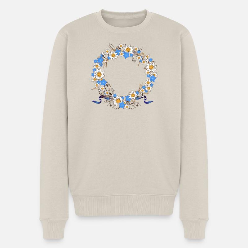 prächtiger Kranz mit Enzian und Edelweiß - Männer Premium Bio Pullover - Beige