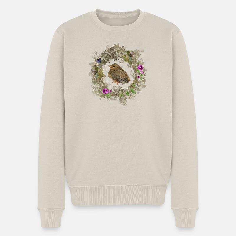 Rotkehlchen mit zarten Blüten und Bläulingen - Männer Premium Bio Pullover - Beige