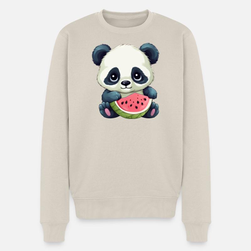 Süßes Panda mit Wassermelone - Männer Premium Bio Pullover - Beige