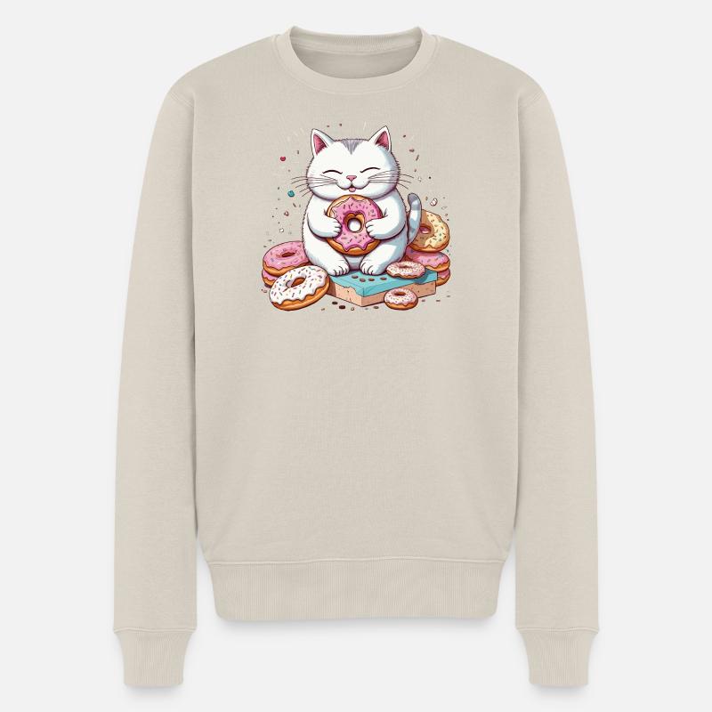 Katze frisst Donuts, Feinschmecker-Katzenhumor - Männer Premium Bio Pullover - Beige