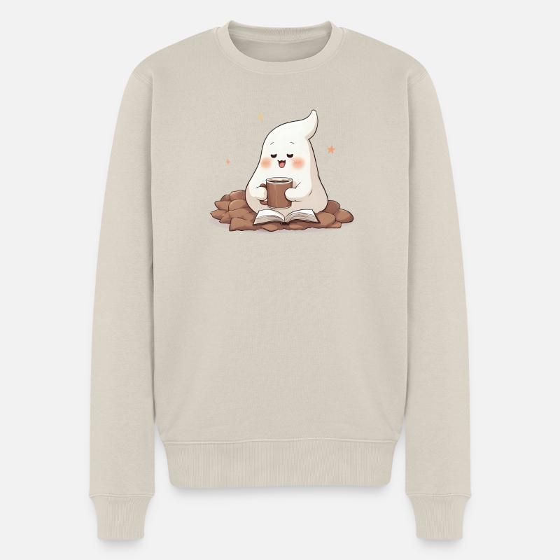 Kawaii Geist – Cozy Coffee & Books - Männer Premium Bio Pullover - Beige
