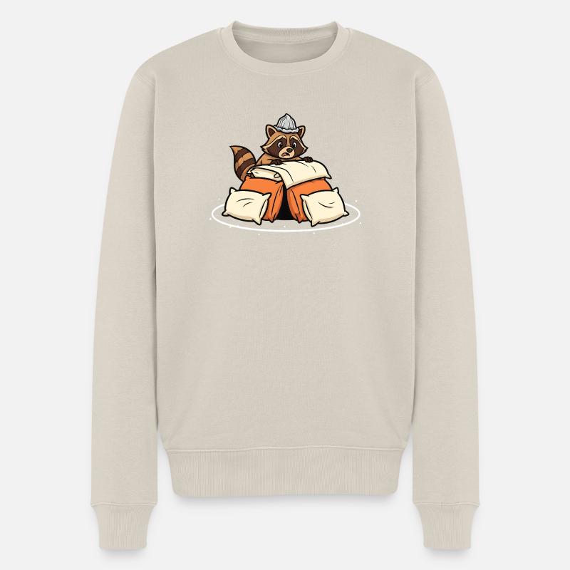 Ängstlicher Waschbär im Bett Grafik - Männer Premium Bio Pullover - Beige