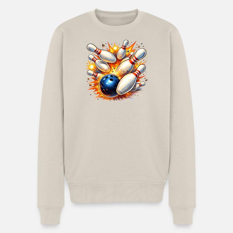 Bowlingkugel räumt Kegel ab – Volltreffer - Männer Premium Bio Pullover - Beige