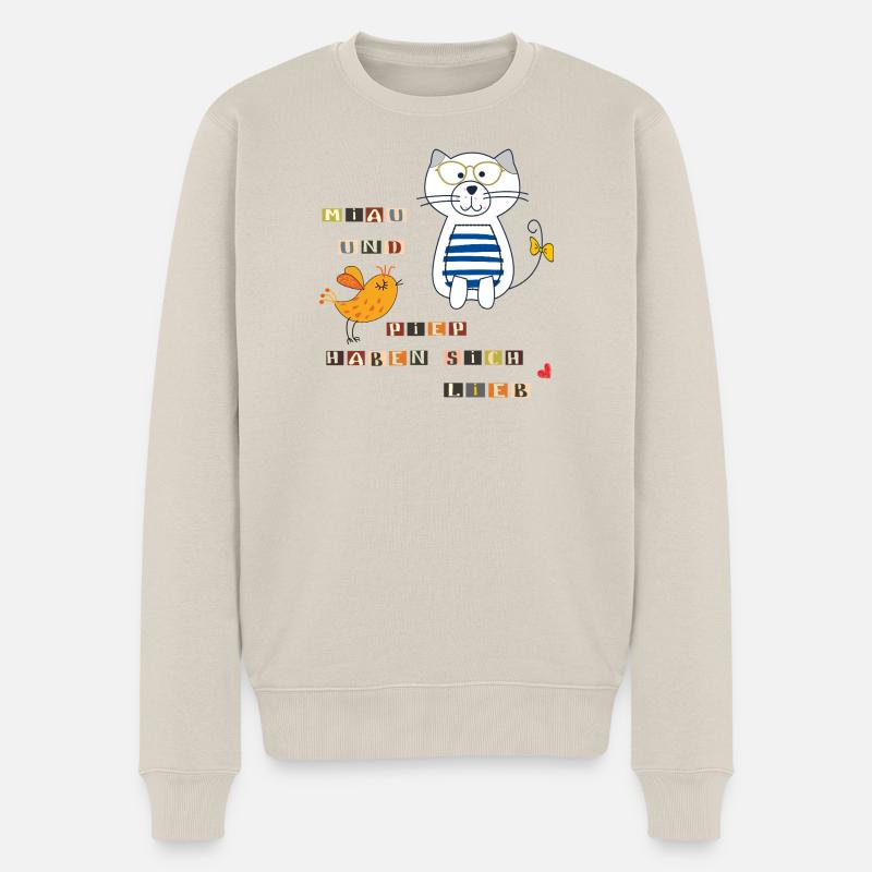Katze und Vogel - Männer Premium Bio Pullover - Beige