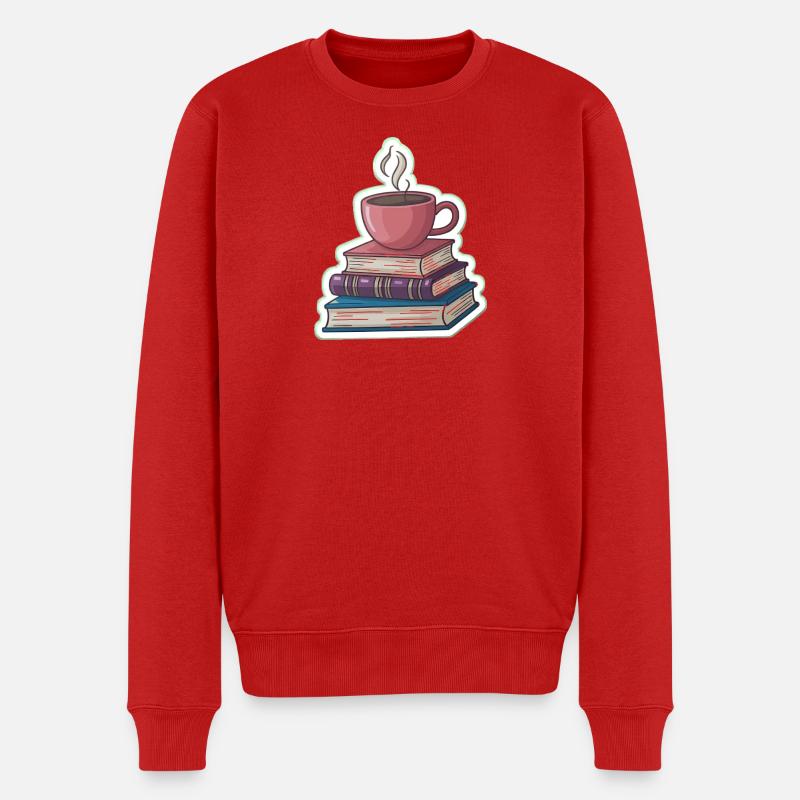 Kaffee und Bücherstapel - Männer Premium Bio Pullover - Rot
