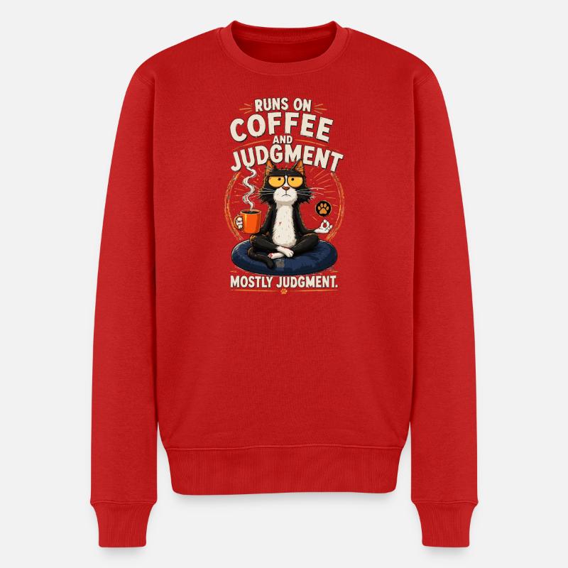 Coffee Cat Meditiert: Judgment Zen - Männer Premium Bio Pullover - Rot