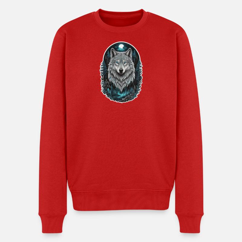 Wolf in Wald und Nebel - Männer Premium Bio Pullover - Rot