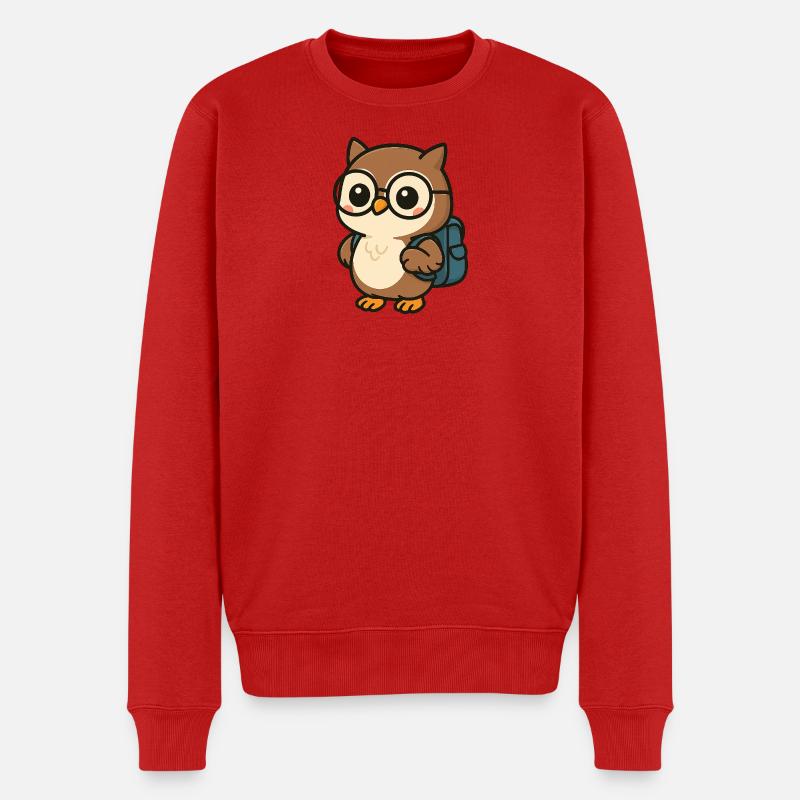 Niedliche Eule mit Brille & Schulranzen - Männer Premium Bio Pullover - Rot