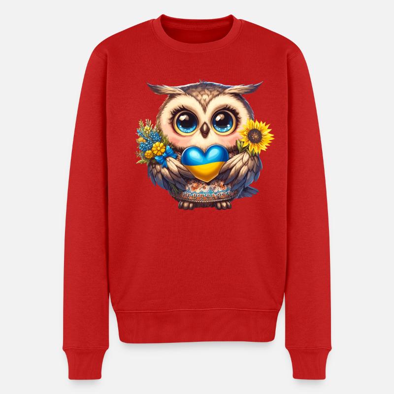 Niedliche Eule mit einem blau gelben Herz - Männer Premium Bio Pullover - Rot