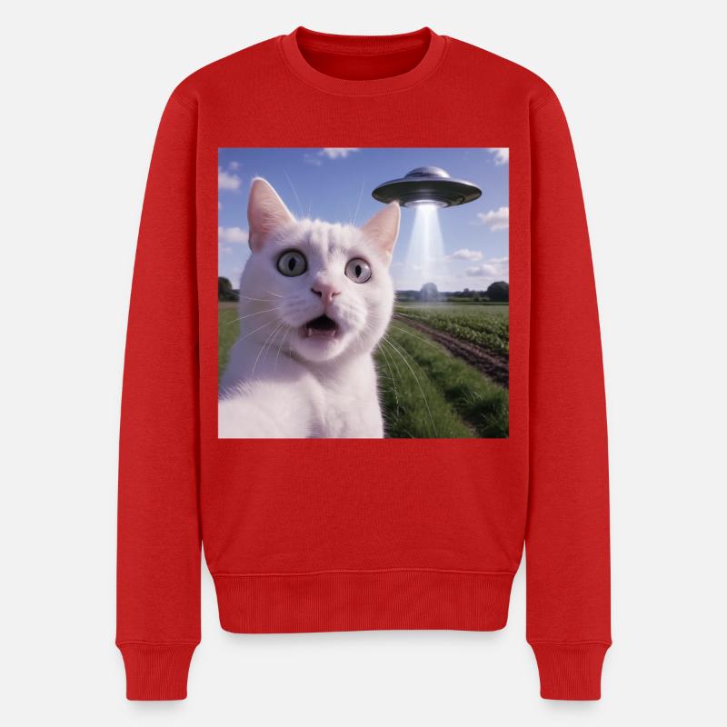 Katzen-Selfie mit Alien-UFO - Männer Premium Bio Pullover - Rot