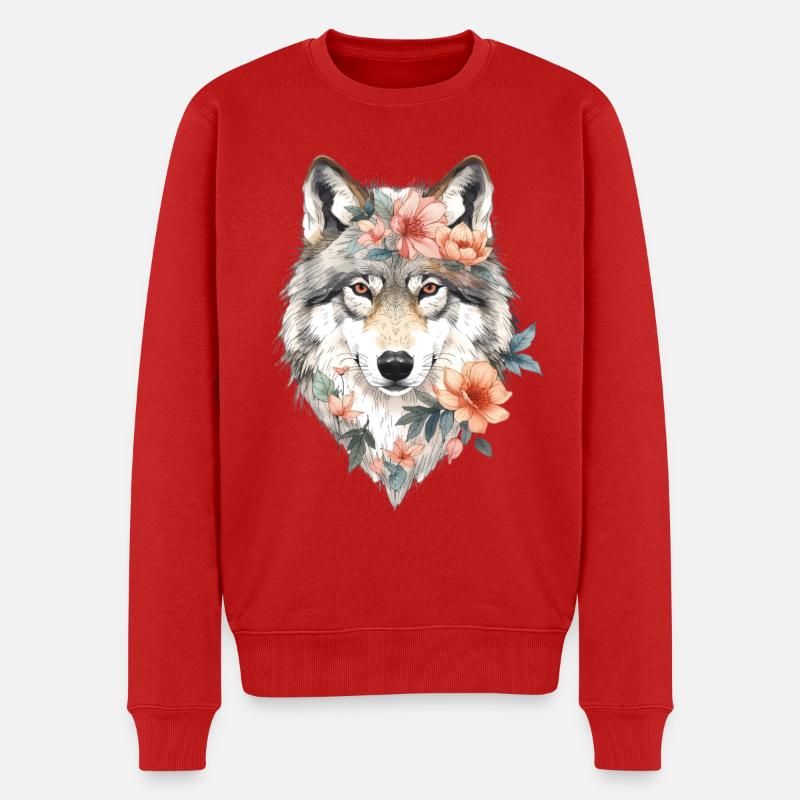 Portrait de loup fleur - Pull Premium bio Homme - rouge