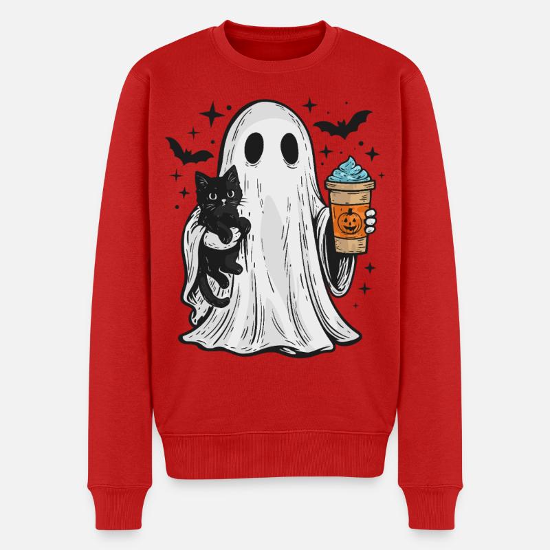 Fantôme d’Halloween avec chat et café - Pull Premium bio Homme - rouge