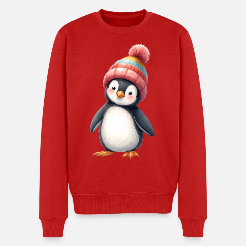 Pinguin mit bunter Wintermütze - Männer Premium Bio Pullover - Rot