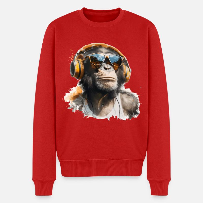 Cooler Affe mit Kopfhörer und Sonnenbrille - Männer Premium Bio Pullover - Rot