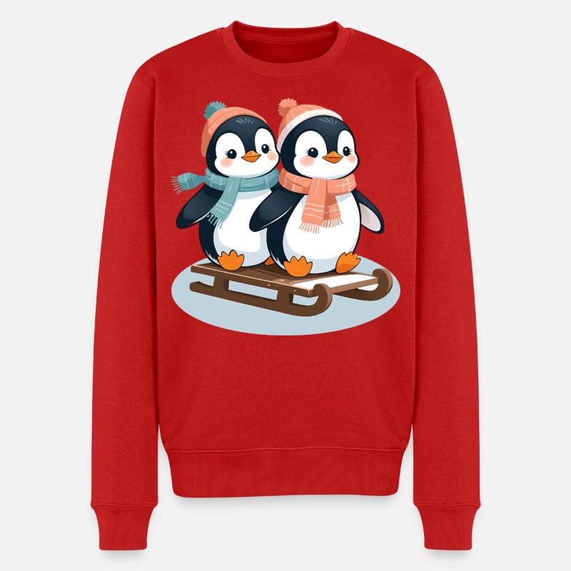 Zwei Pinguine auf Schlitten - Männer Premium Bio Pullover - Rot
