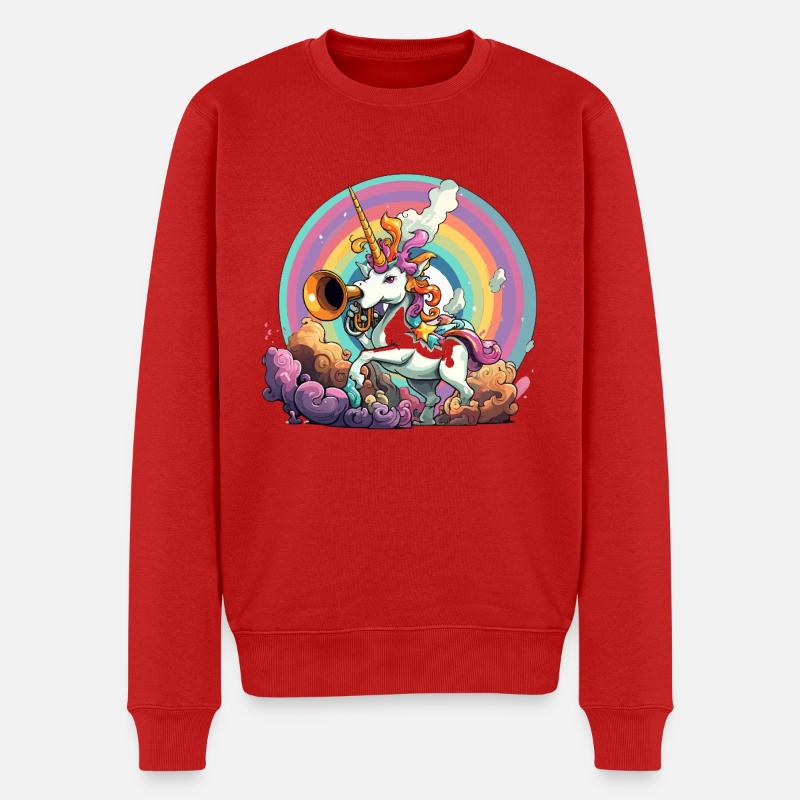 Regenbogen-Unicorn mit Trompete - Männer Premium Bio Pullover - Rot