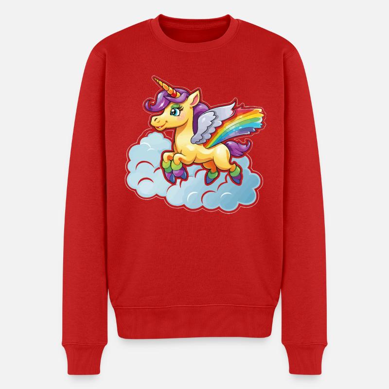 Regenbogen-Einhorn auf Wolke - Männer Premium Bio Pullover - Rot