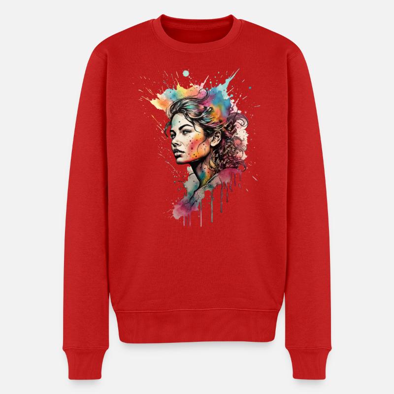 Fille à l’aquarelle : Portrait arc-en-ciel éclaboussé - Pull Premium bio Homme - rouge