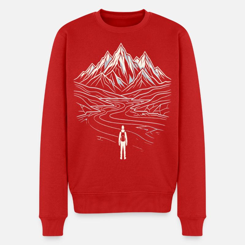 Berglandschaft Wanderer Line Art - Männer Premium Bio Pullover - Rot
