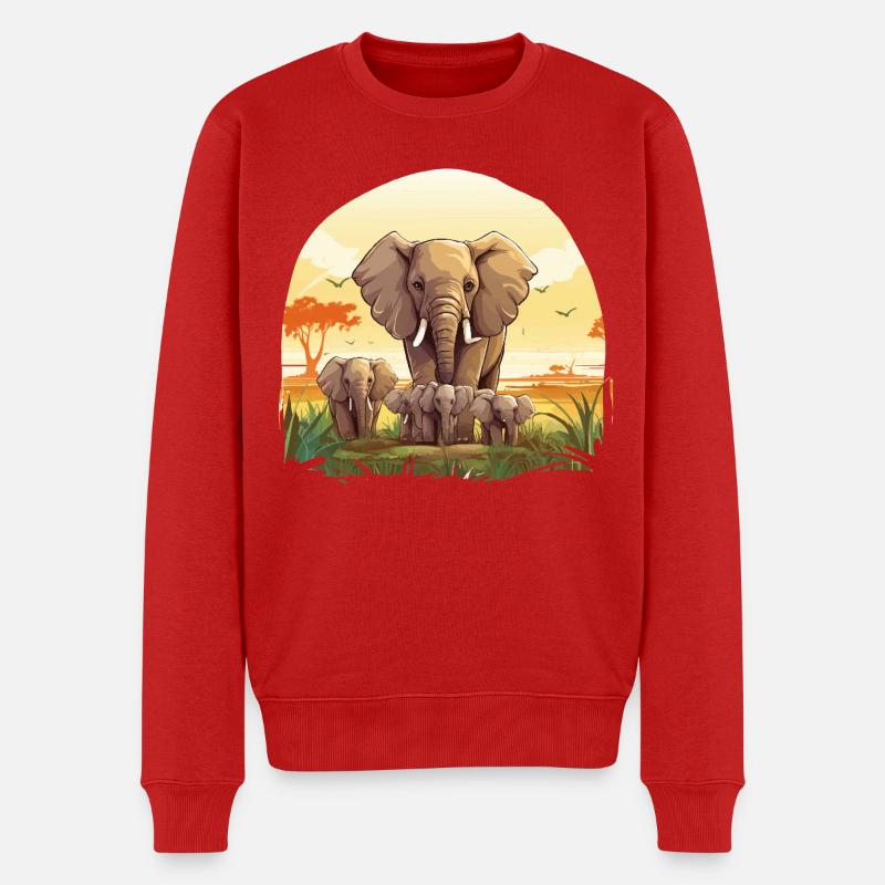 Elefantenherde im Sonnenuntergang - Männer Premium Bio Pullover - Rot