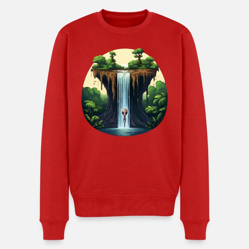 Alien am Wasserfall im Dschungel - Männer Premium Bio Pullover - Rot