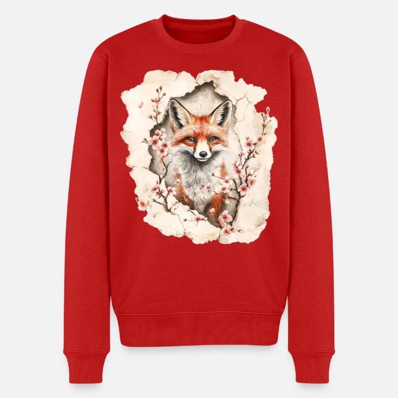 Fuchs mit Kirschblüten - Männer Premium Bio Pullover - Rot