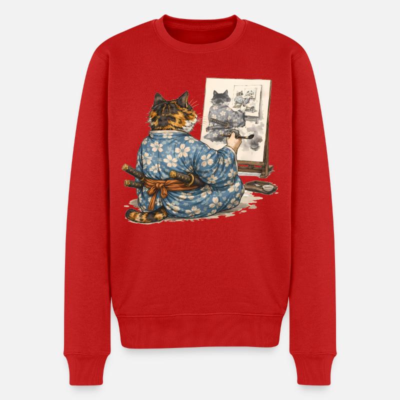 Samurai-Katzen-Malerei Sumi-e Ukiyo-e Kunst - Männer Premium Bio Pullover - Rot