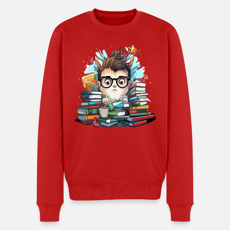 Bücherstapel-Katze mit Brille - Männer Premium Bio Pullover - Rot