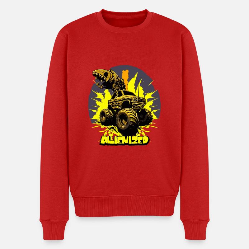 Monstertruck mit Alien-Greifarm mit Explosion - Männer Premium Bio Pullover - Rot