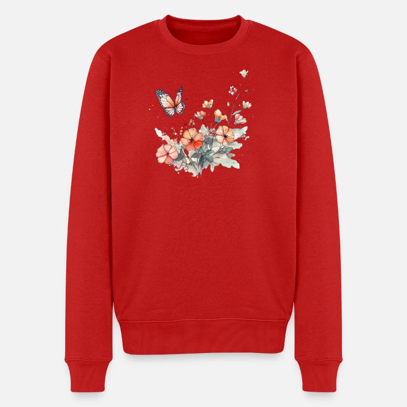 Blumen + Schmetterling - minimal abstrakt - Männer Premium Bio Pullover - Rot