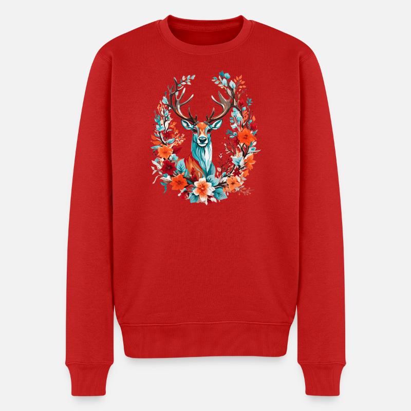 Cerf avec des fleurs - Pull Premium bio Homme - rouge