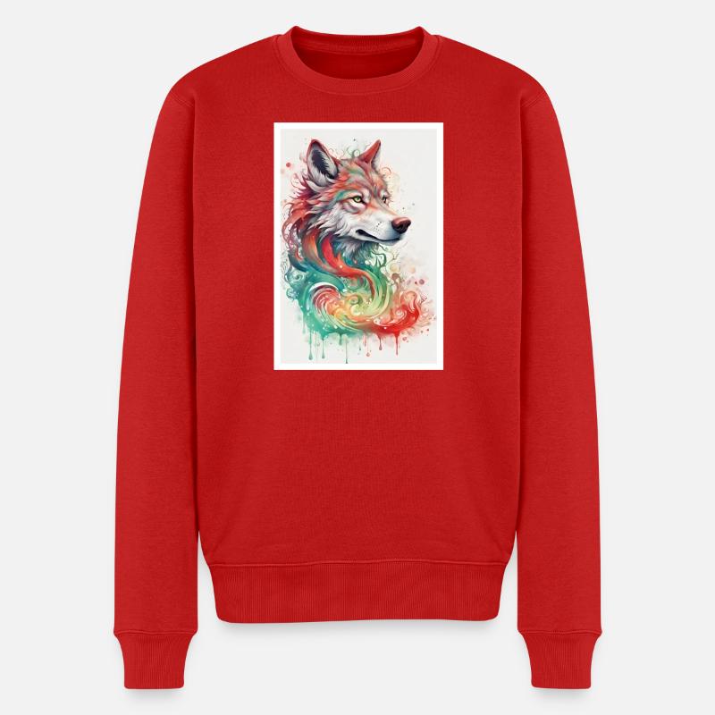 Wasserfarben Wolf Portrait - Männer Premium Bio Pullover - Rot