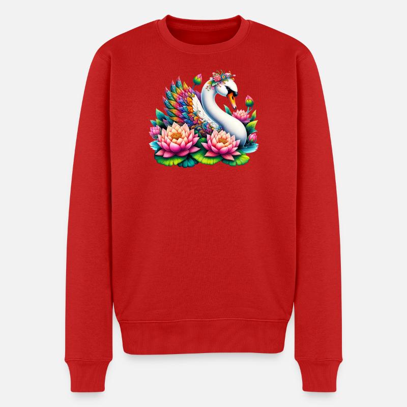 Schwan verziert mit Lotusblüten - Männer Premium Bio Pullover - Rot