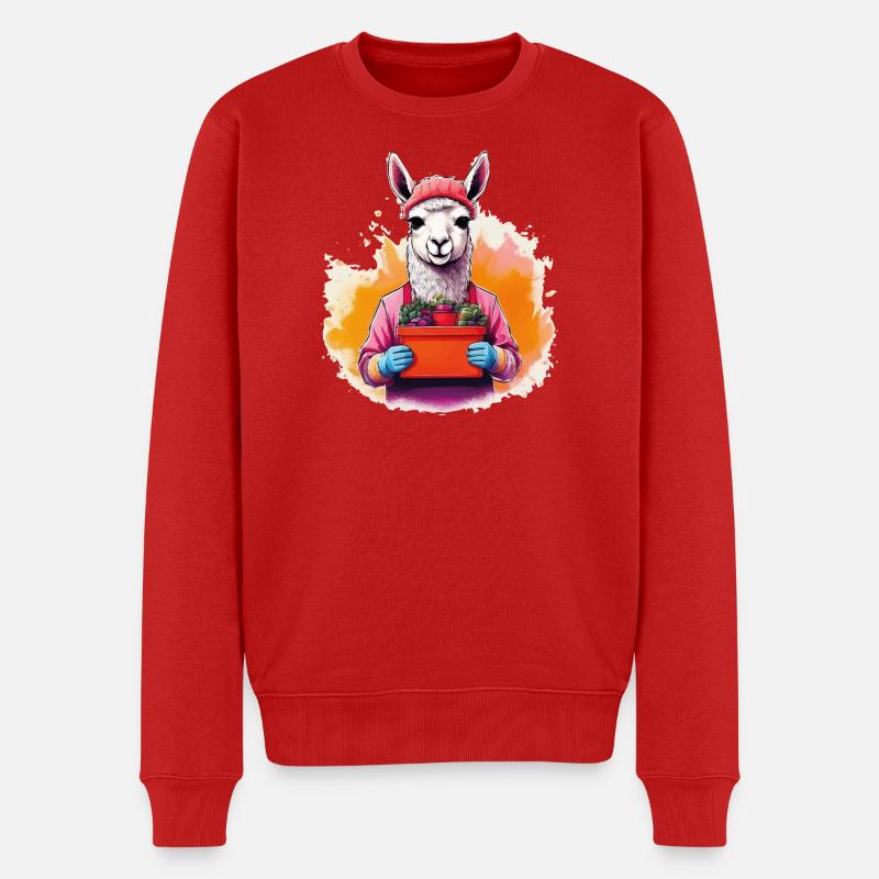 Lama mit Blumen und Beanie - Männer Premium Bio Pullover - Rot