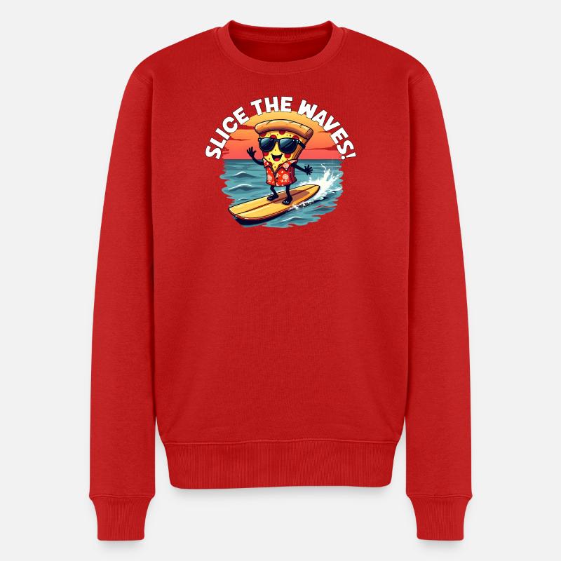 Slice the Waves - Surfing Pizza Cartoon Sommer - Männer Premium Bio Pullover - Rot