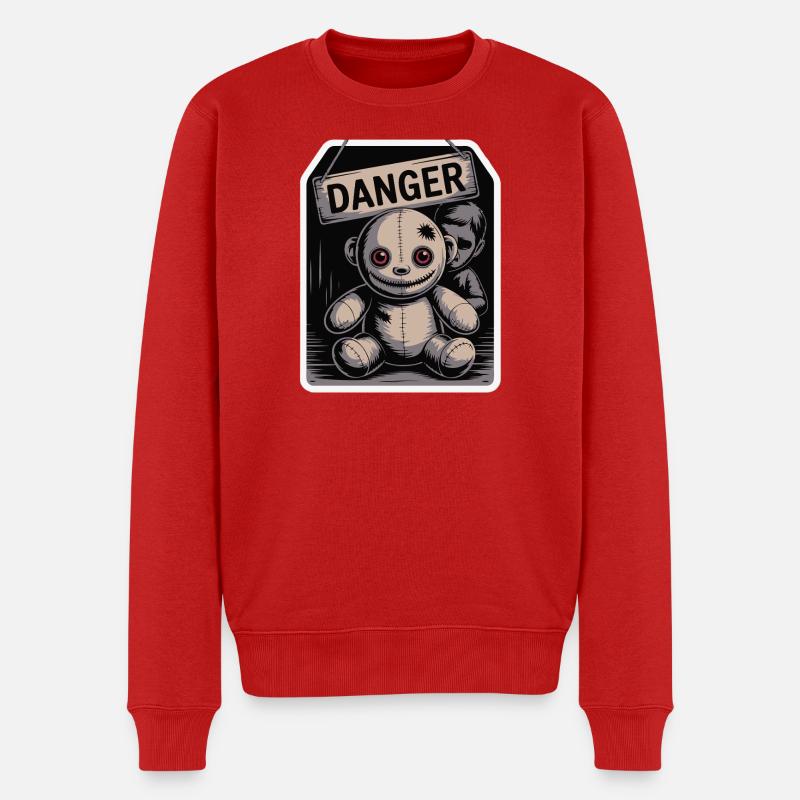 Unheimliche Puppe mit Gefahrenschild - Männer Premium Bio Pullover - Rot