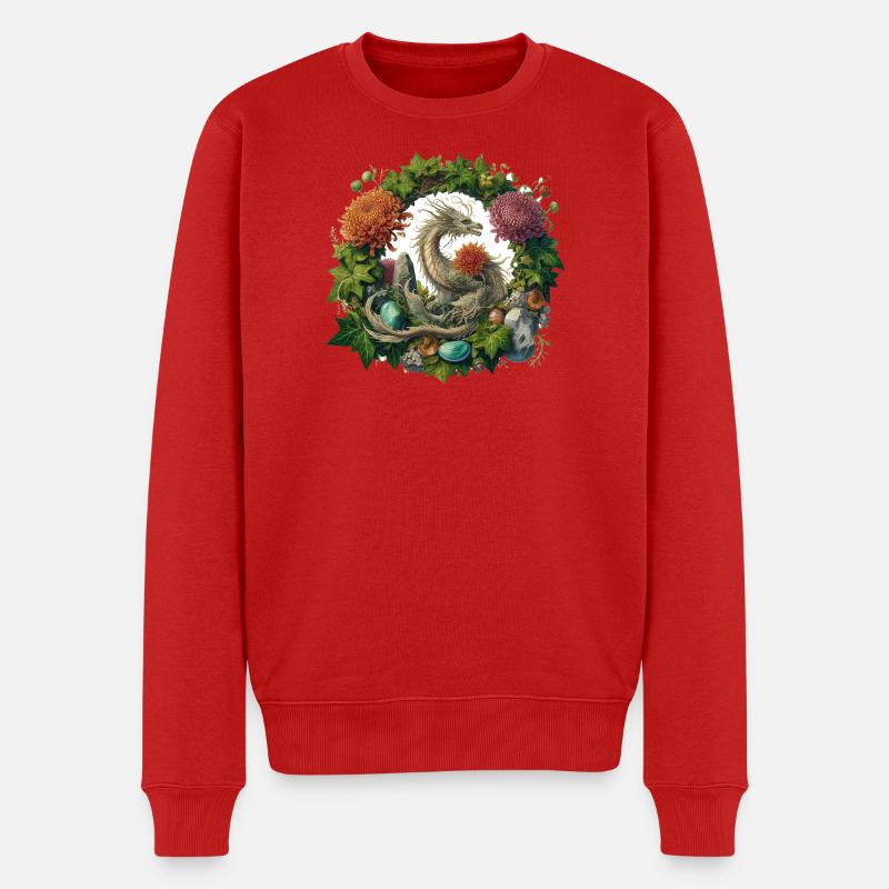 Mystischer Drache mit Blumenkranz - Männer Premium Bio Pullover - Rot