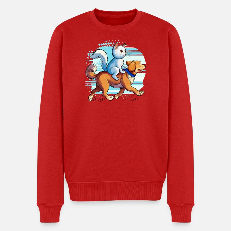 KATZE REITET AUF HUND - Männer Premium Bio Pullover - Rot