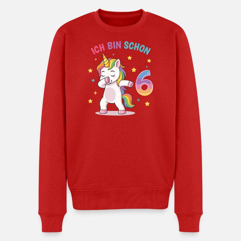 Kindergeburtstag 6, Tanzendes Lustiges Einhorn - Männer Premium Bio Pullover - Rot