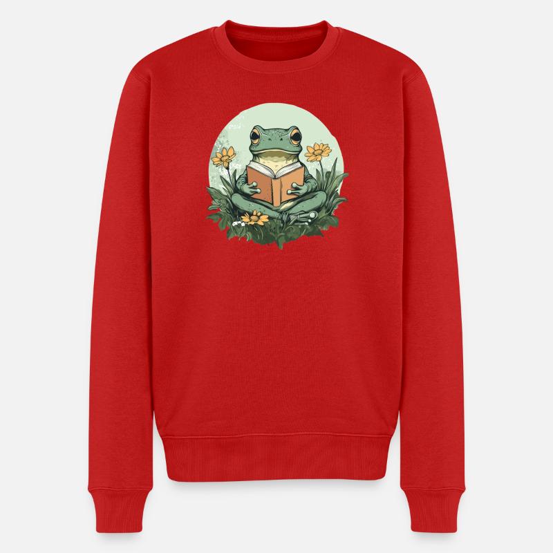 Frosch liest Buch im Blumenmeer - Männer Premium Bio Pullover - Rot
