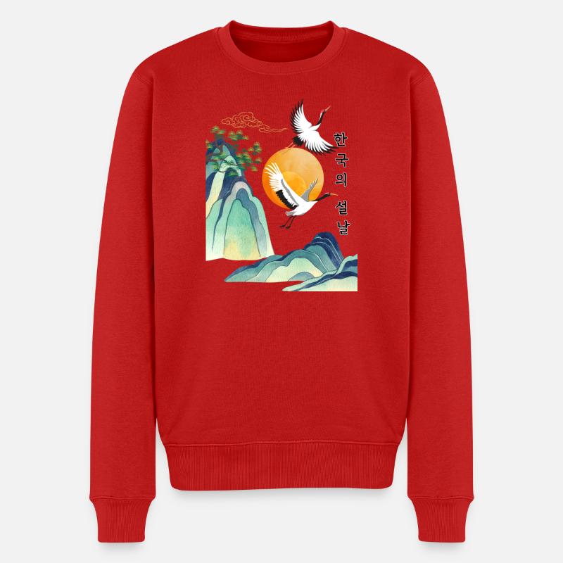 Korean Seollal Design – Cranes and Sun - Männer Premium Bio Pullover - Rot
