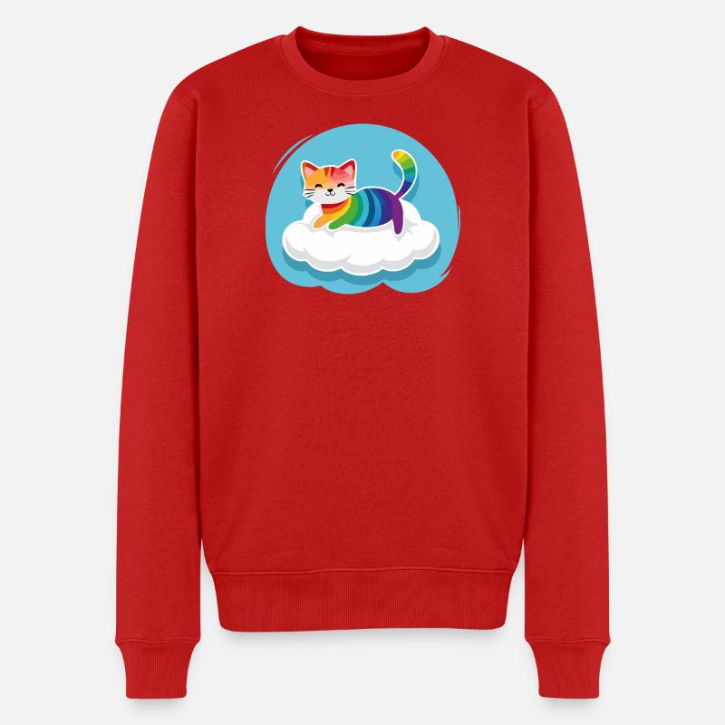 Kunterbunte Katze schwebt auf Wolke (Tag) - Männer Premium Bio Pullover - Rot