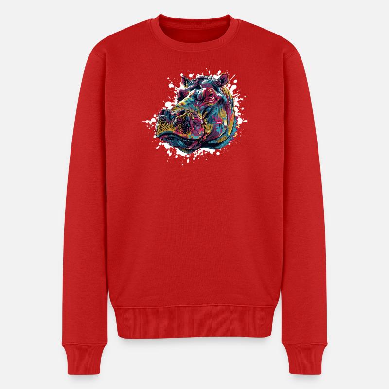 Bunter Hippo Farbspritzer - Männer Premium Bio Pullover - Rot